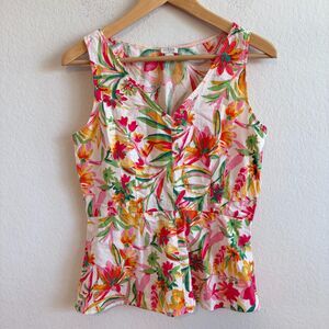 J.CREW Tropical Floral Sleeveless Peplum Linen Blend V-Neck Blouse Top Womens 4